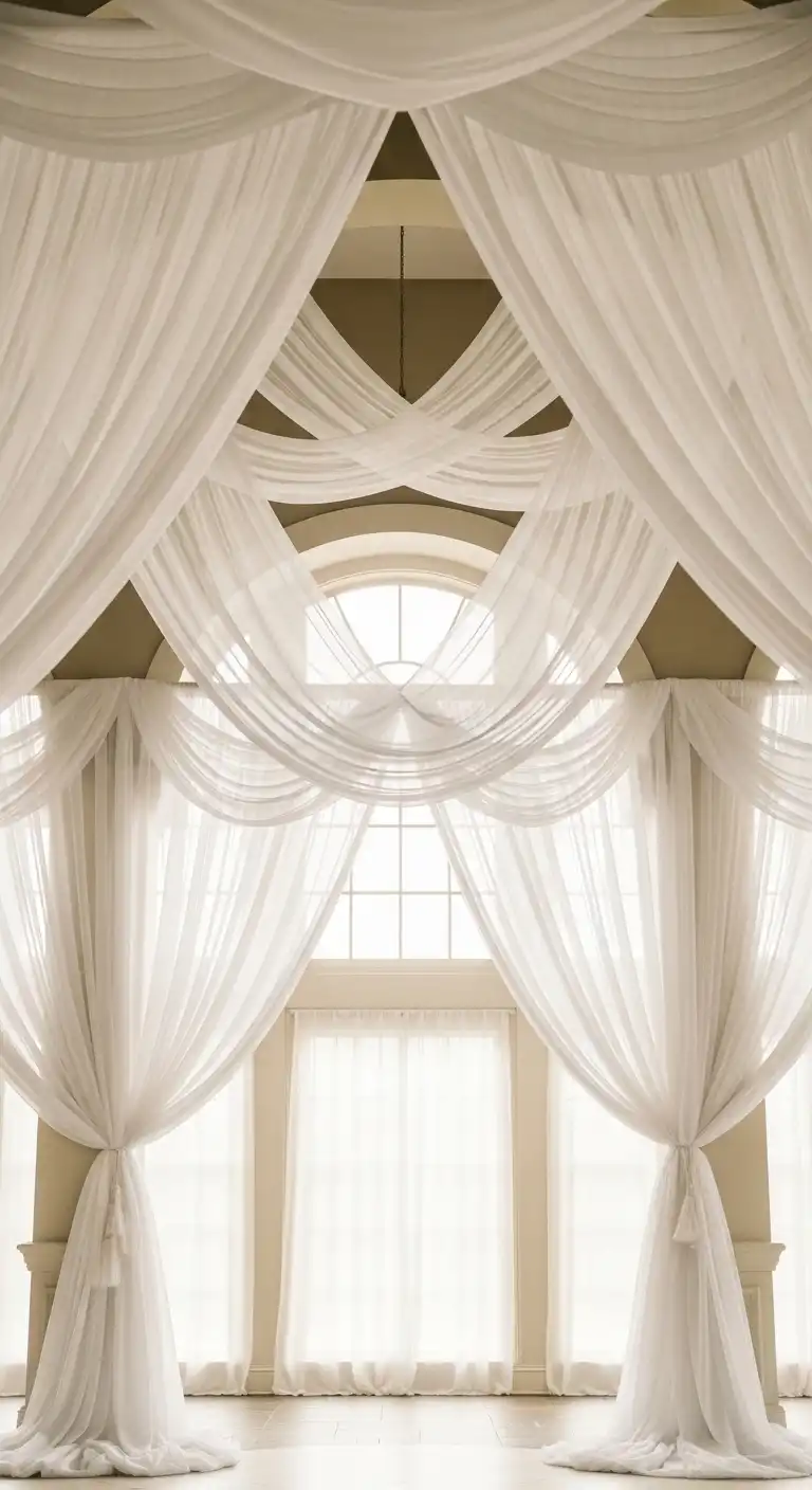 Ombre Rusty Orange Wedding Cake Flowing Sheer Drapery for an Ethereal Backdrop