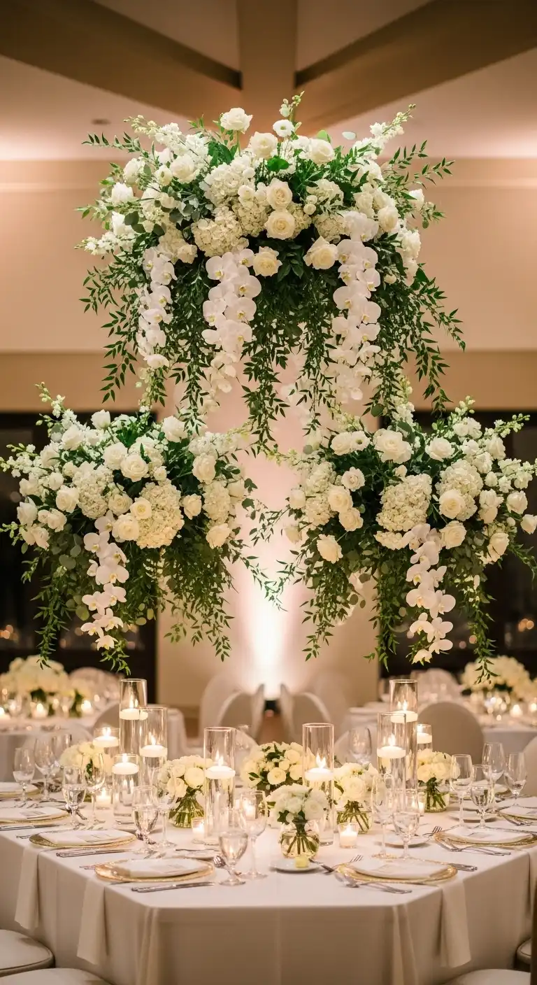Ombre Rusty Orange Wedding Cake Statement Floral Installations Above Reception Tables