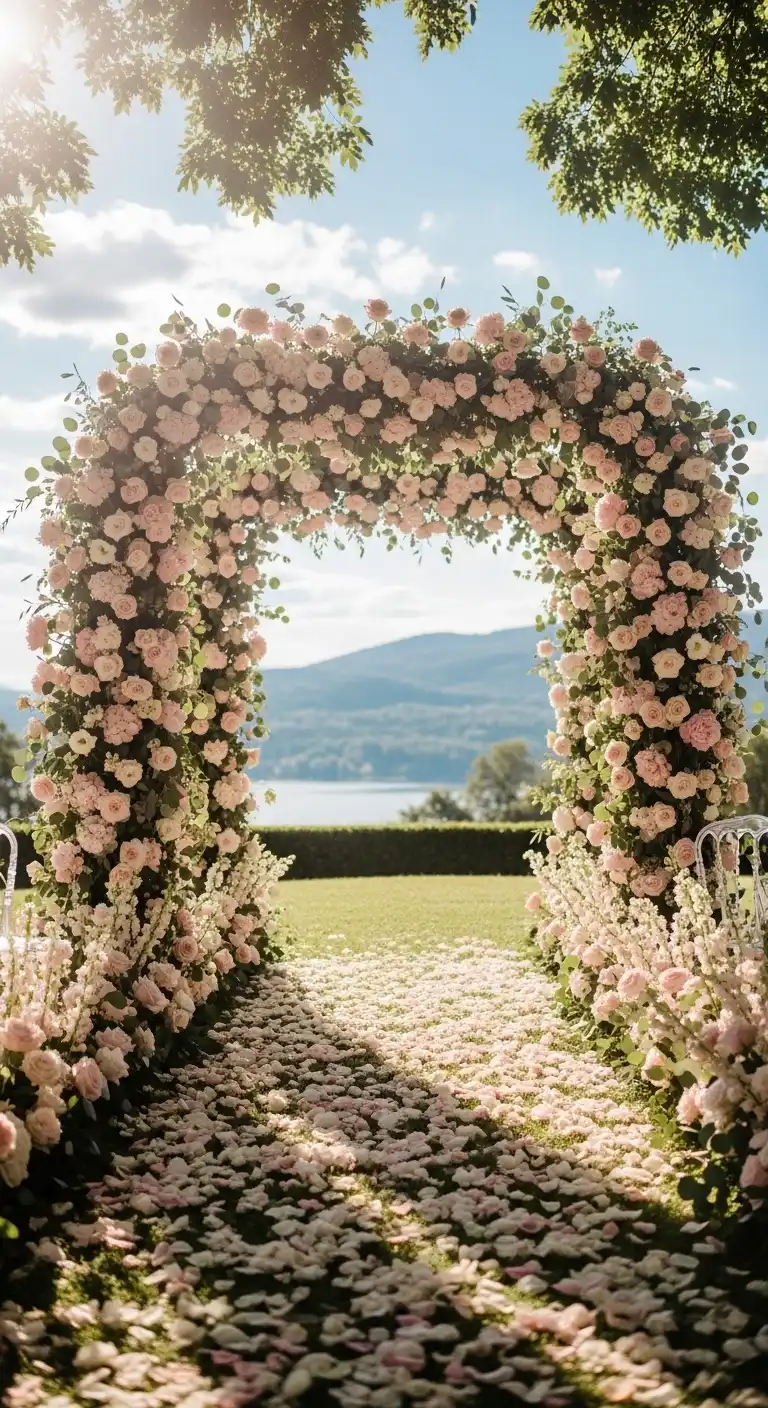 Ombre Rusty Orange Wedding Cake Blush Pink Floral Arches for a Romantic Ceremony
