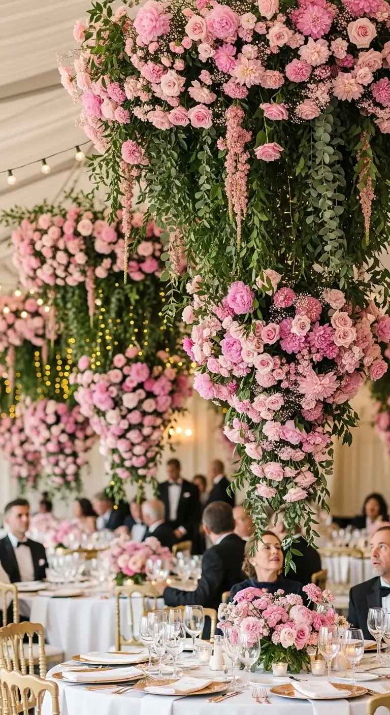 Ombre Rusty Orange Wedding Cake Hanging Pink Floral Installations for Visual Drama