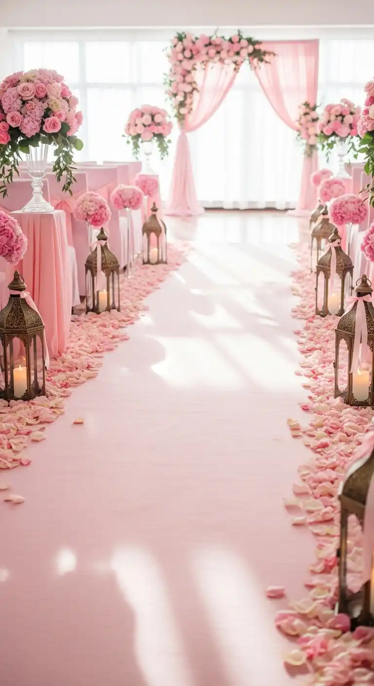 Ombre Rusty Orange Wedding Cake Pink Aisle Decor with Petals and Lanterns