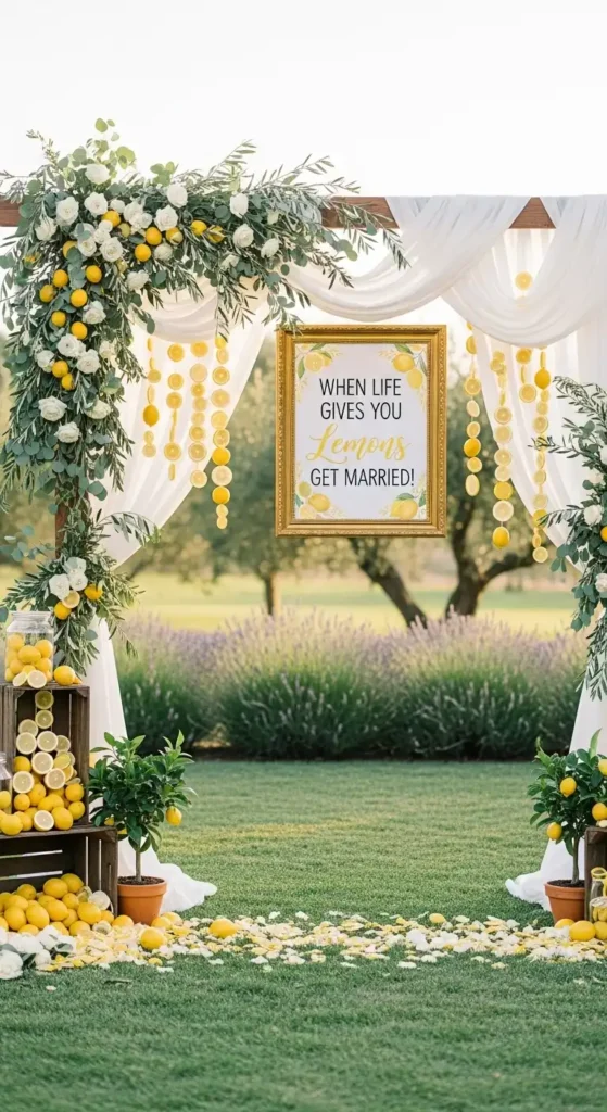 Ombre Rusty Orange Wedding Cake Lemon-Themed Ceremony Backdrops