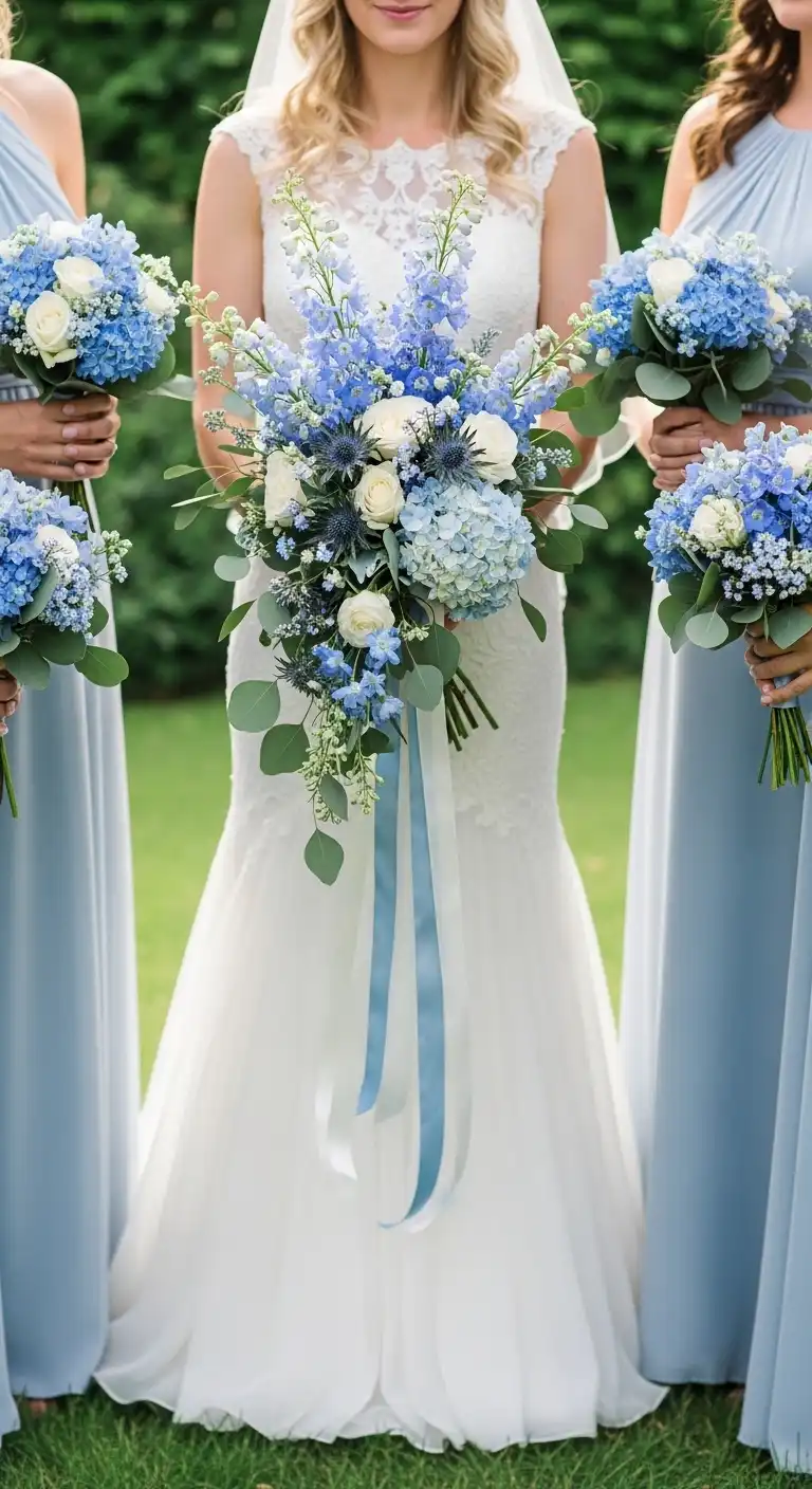 Ombre Rusty Orange Wedding Cake Blue Wedding Bouquets for the Bride and Bridesmaids