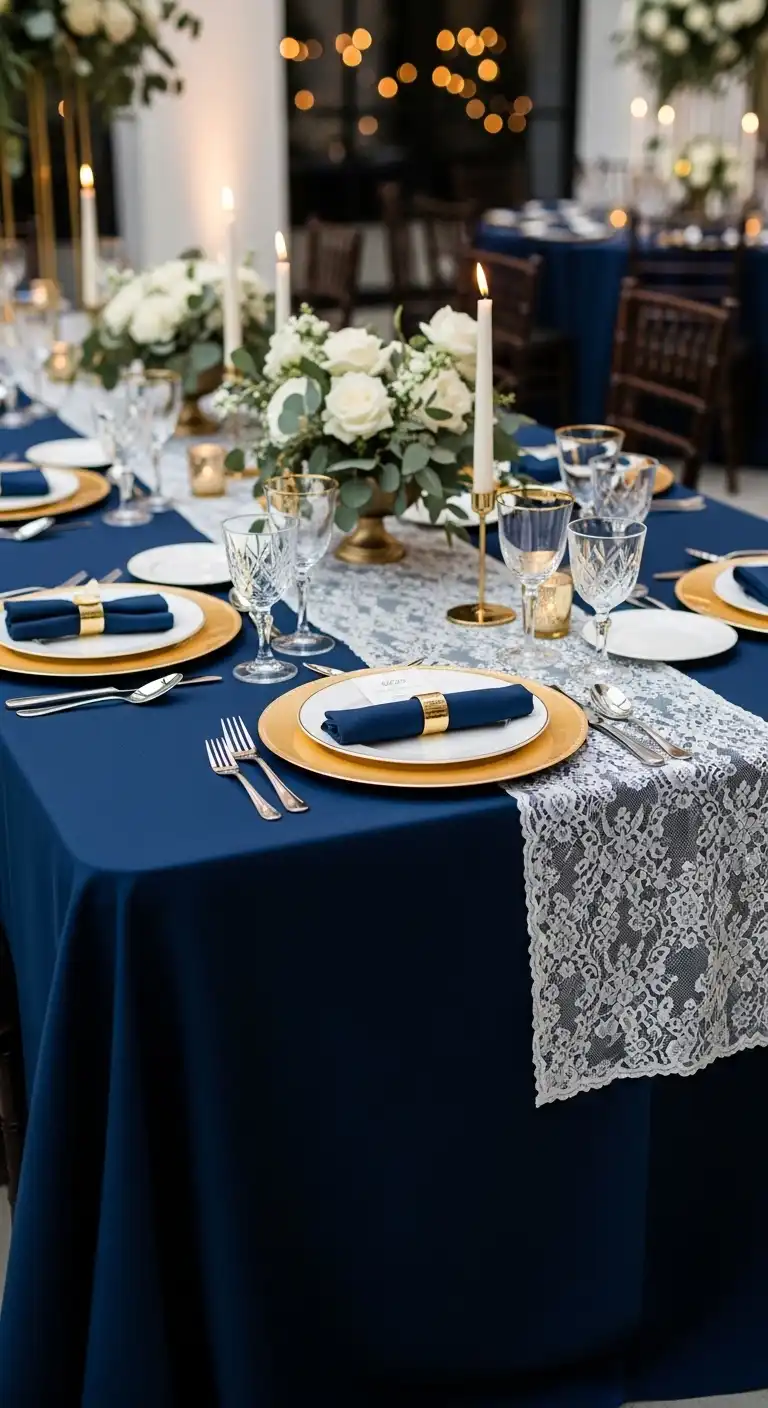 Ombre Rusty Orange Wedding Cake Navy Blue Table Linens for a Sophisticated Touch