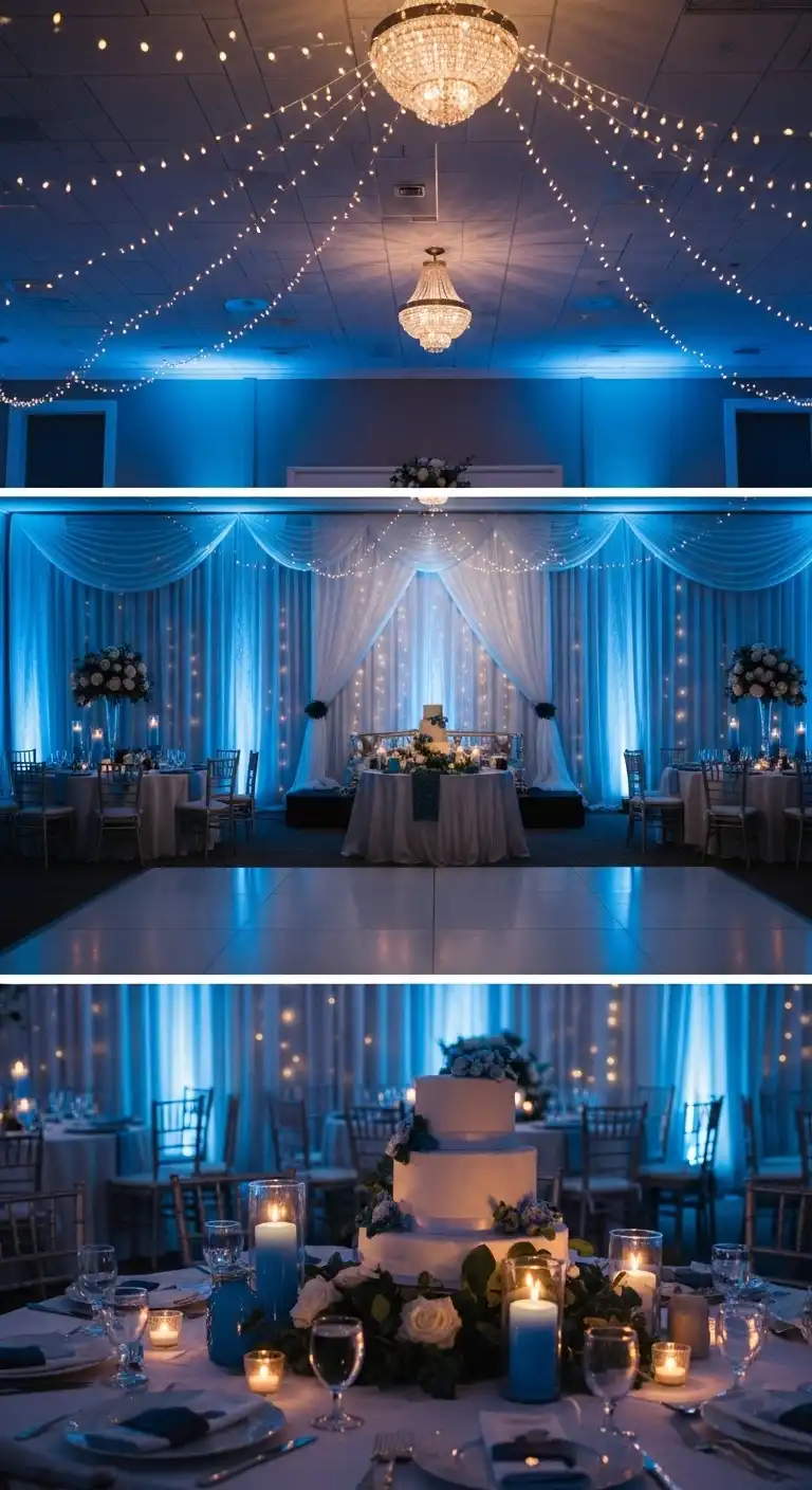 Ombre Rusty Orange Wedding Cake Blue Accent Lighting for Ambiance