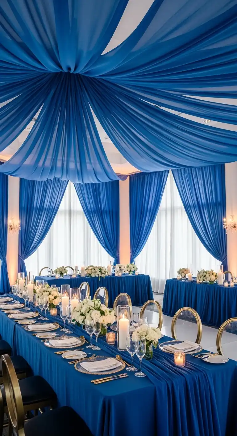 Ombre Rusty Orange Wedding Cake Blue Draping and Fabric Details