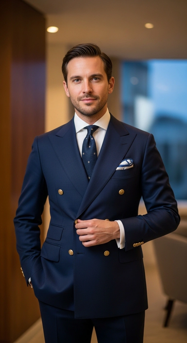 11 Sharp Engagement Dress Ideas for Men You’ll Love 7 Double-Breasted Navy Suit for Classic Elegance