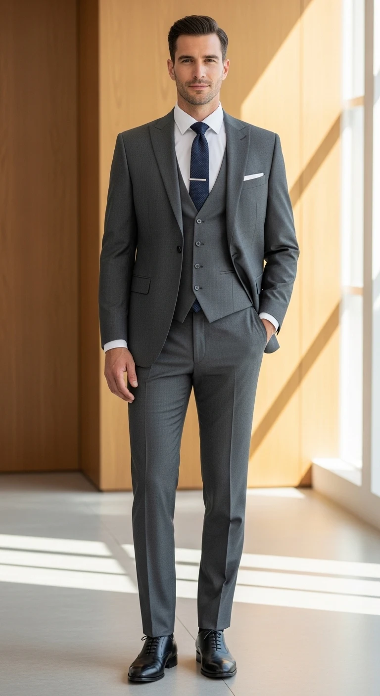 11 Sharp Engagement Dress Ideas for Men You’ll Love 4 Elegant Grey Three-Piece Suit