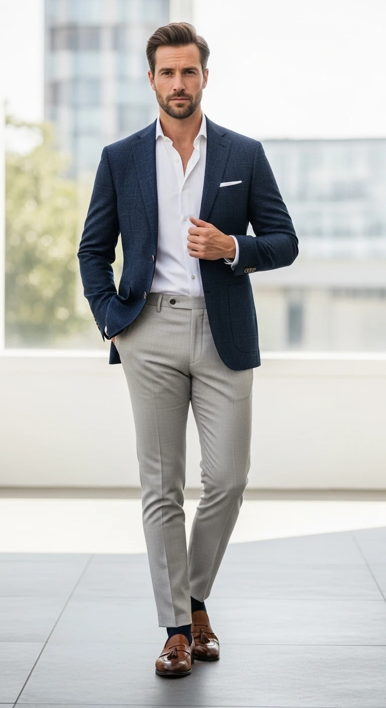11 Sharp Engagement Dress Ideas for Men You’ll Love 3 Navy Blue Blazer with Light Trousers