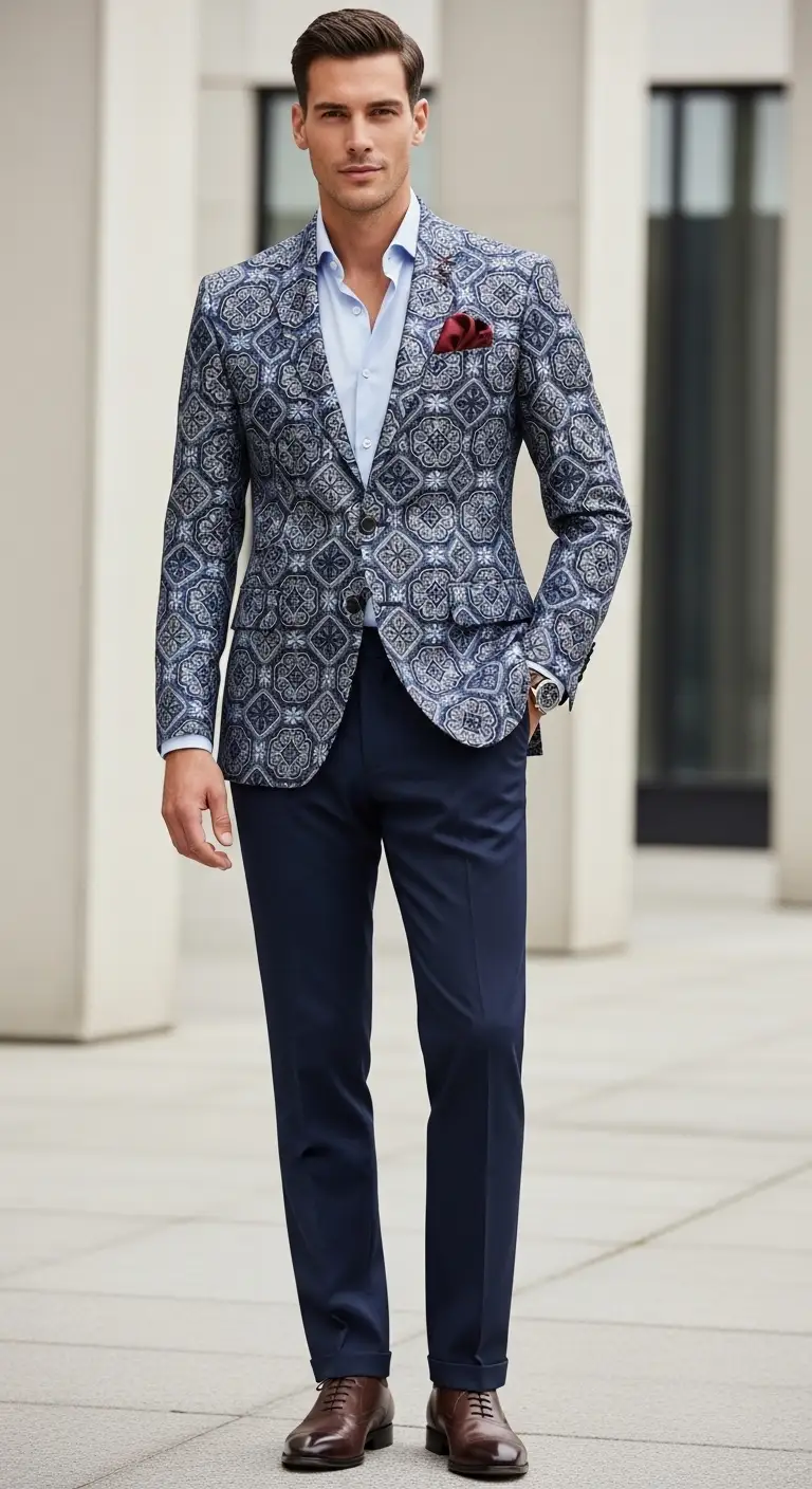11 Sharp Engagement Dress Ideas for Men You’ll Love 8 Patterned Blazer with Solid Trousers