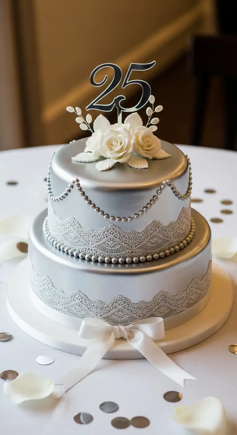 8 Wedding Anniversary Cakes for a Sweet Celebration 3 Classic Silver Anniversary Cake with Elegant Details
