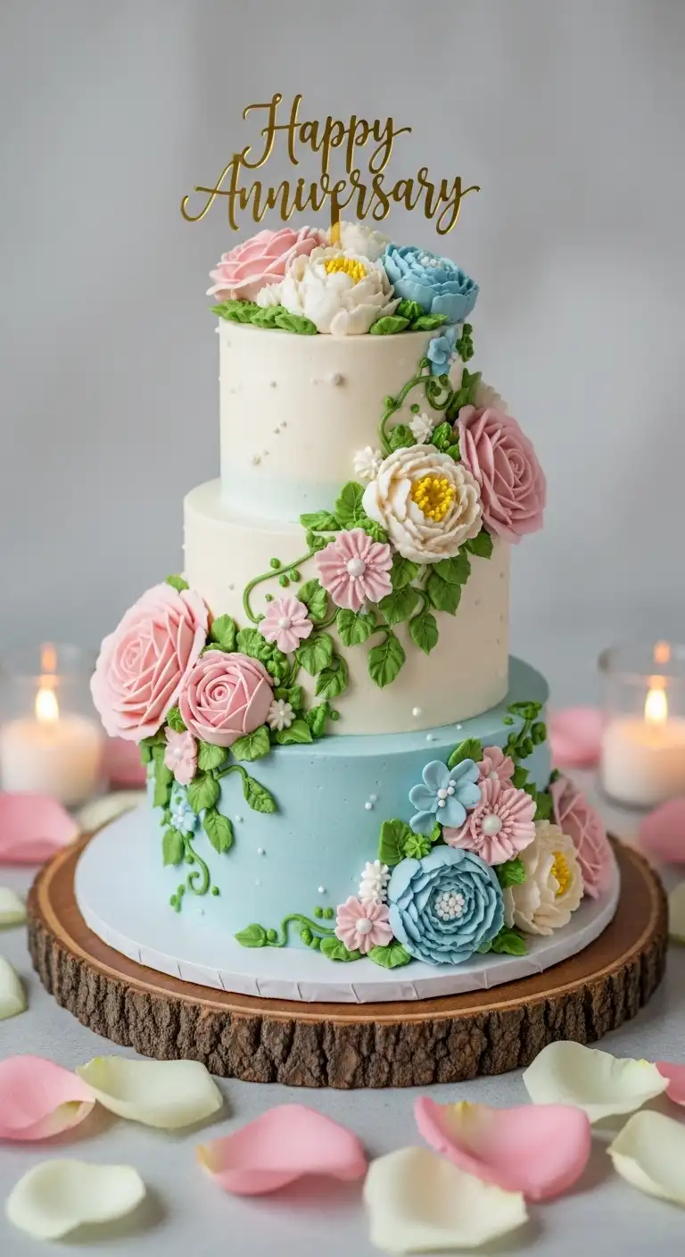 Floral Buttercream Anniversary Cake with Soft Colors Floral Buttercream Anniversary Cake with Soft Colors