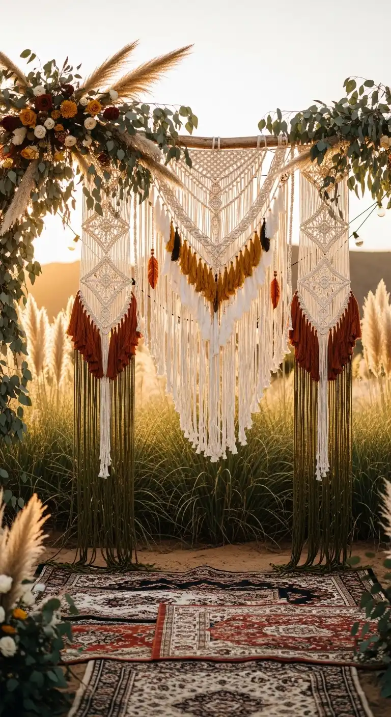 Ombre Rusty Orange Wedding Cake Bohemian Macramé Ceremony Backdrops for 70s Wedding Decor