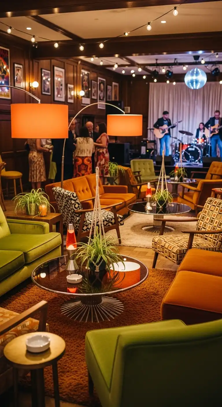 Ombre Rusty Orange Wedding Cake Retro Lounge Seating Areas for Authentic 70s Wedding Decor