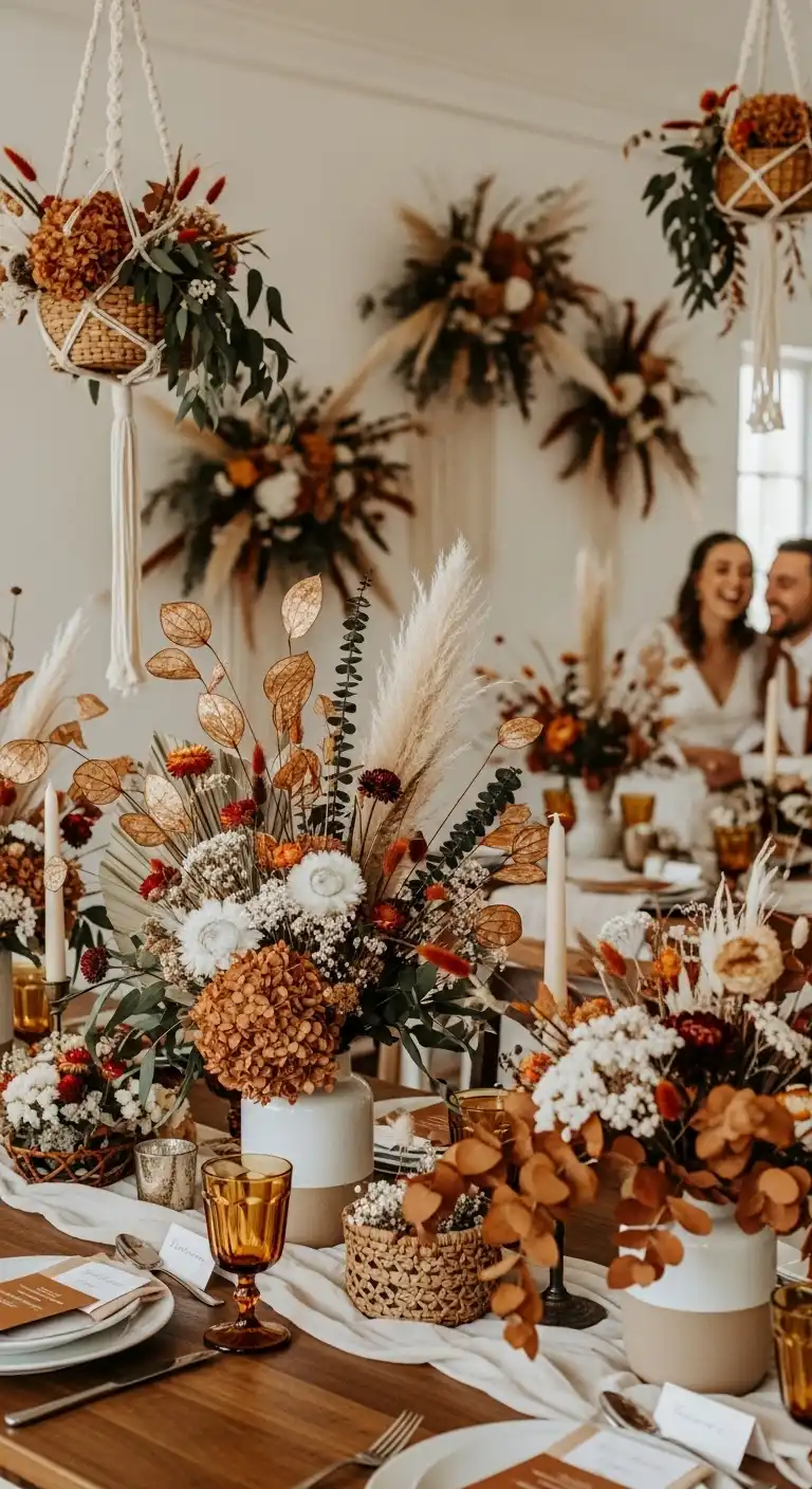 Ombre Rusty Orange Wedding Cake Dried Floral Arrangements Inspired by 70s Wedding Decor