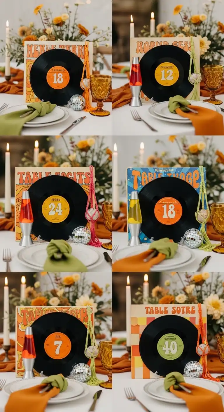 Ombre Rusty Orange Wedding Cake Vinyl Record Table Numbers for Playful 70s Wedding Decor