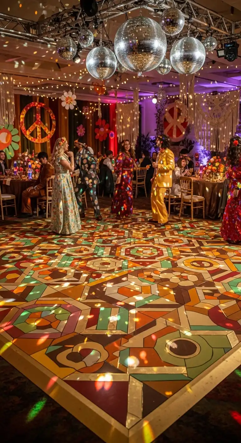 Ombre Rusty Orange Wedding Cake Patterned Dance Floors for Bold 70s Wedding Decor