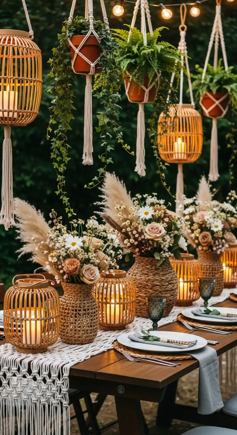 Ombre Rusty Orange Wedding Cake Rattan and Wicker Accents in 70s Wedding Decor Styling