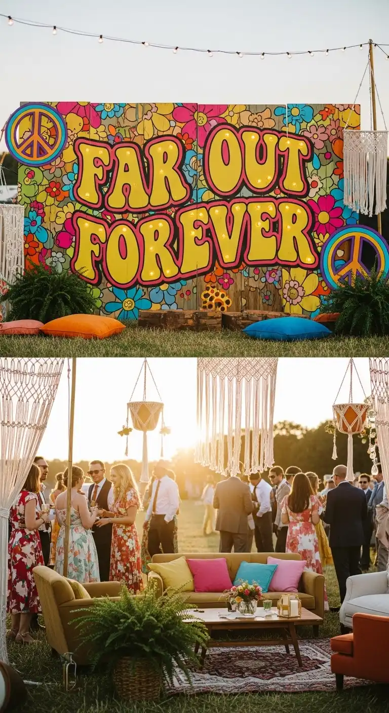 Ombre Rusty Orange Wedding Cake Groovy Retro Signage as Part of 70s Wedding Decor