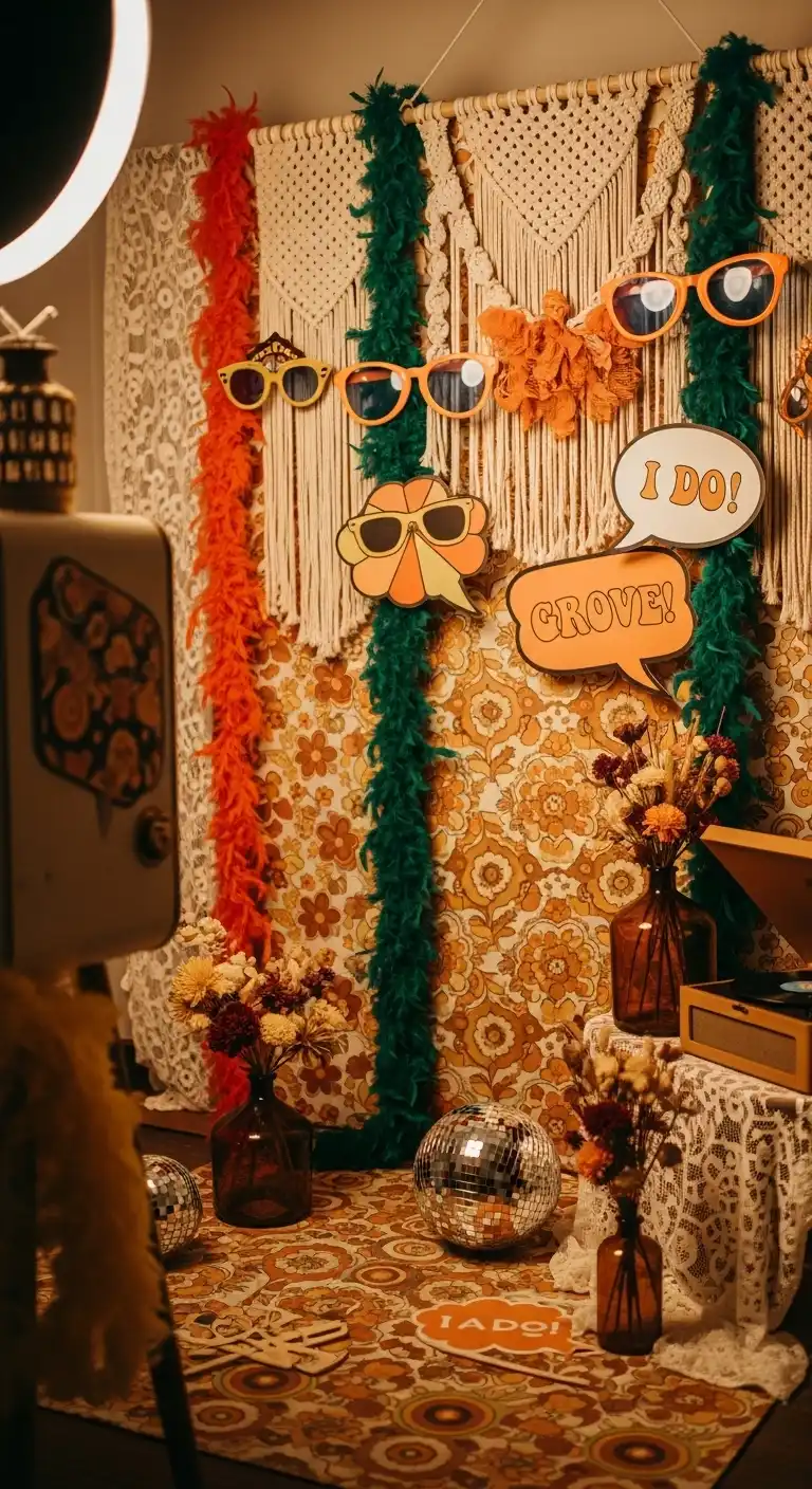 Ombre Rusty Orange Wedding Cake Vintage Photo Booth Corners Inspired by 70s Wedding Decor