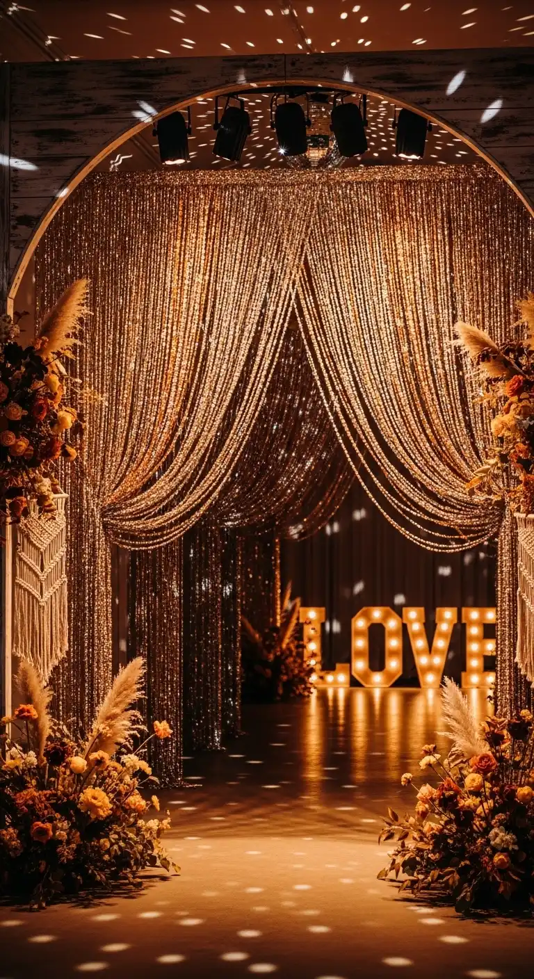Ombre Rusty Orange Wedding Cake Hanging Beaded Curtains for Dramatic 70s Wedding Decor Entrances