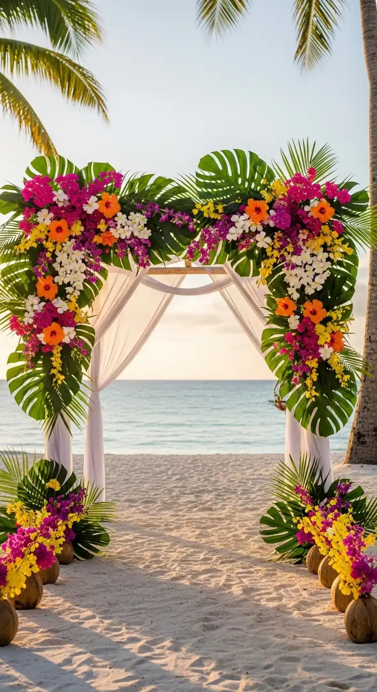 Ombre Rusty Orange Wedding Cake Tropical Floral Archway Wedding Entrance