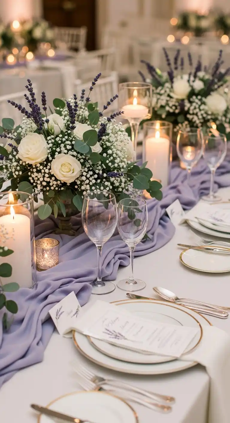 Ombre Rusty Orange Wedding Cake Lavender Table Runner Styling for Elegant Receptions