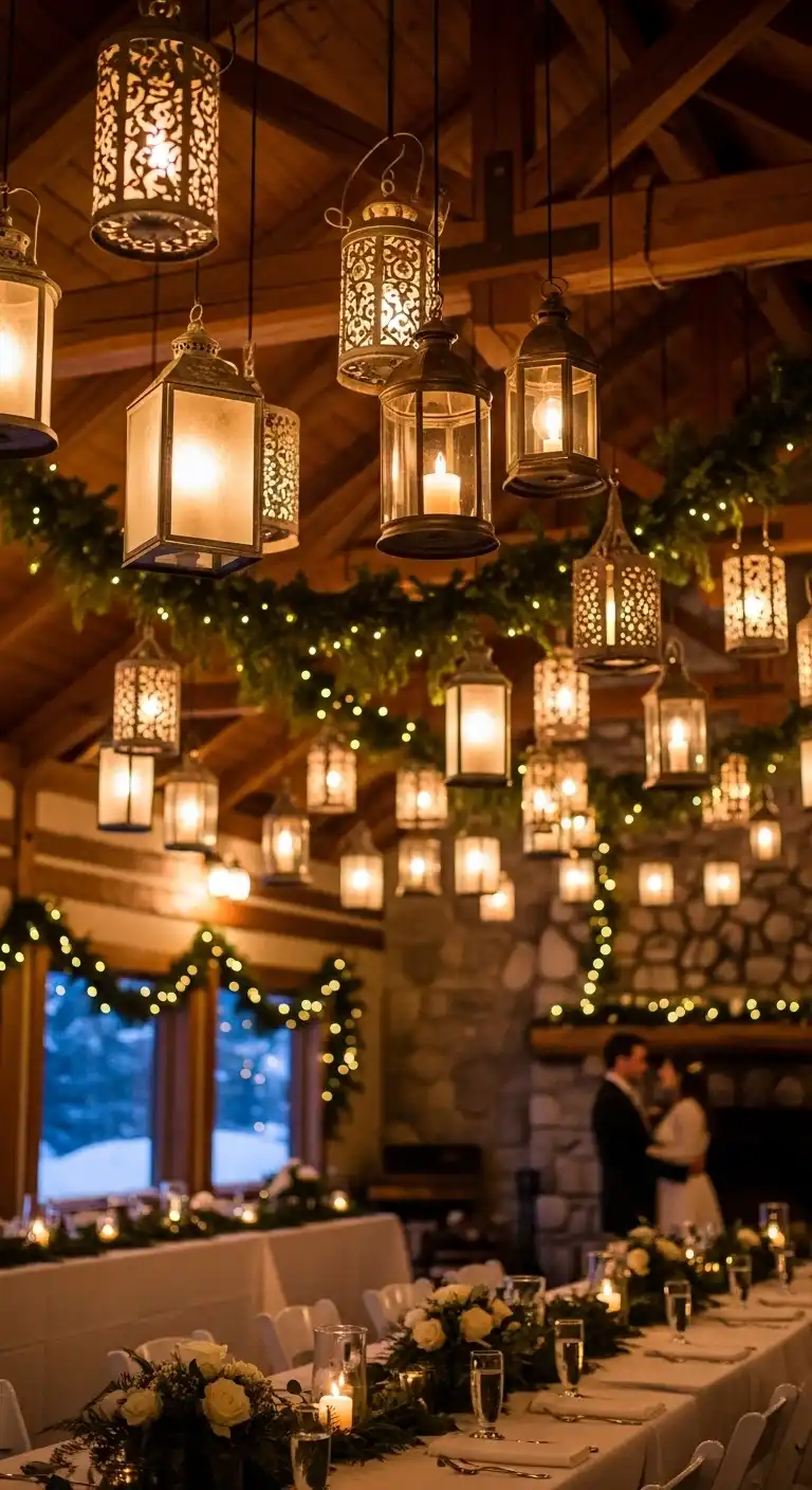 Ombre Rusty Orange Wedding Cake Hanging Lanterns for Romantic Winter Reception Lighting