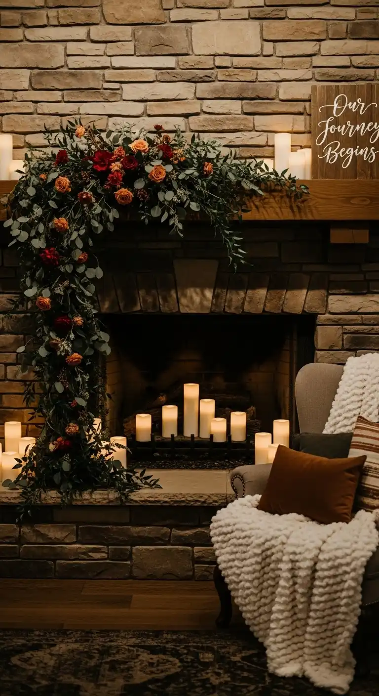 Ombre Rusty Orange Wedding Cake Fireplace Ceremony Backdrop Styling Ideas