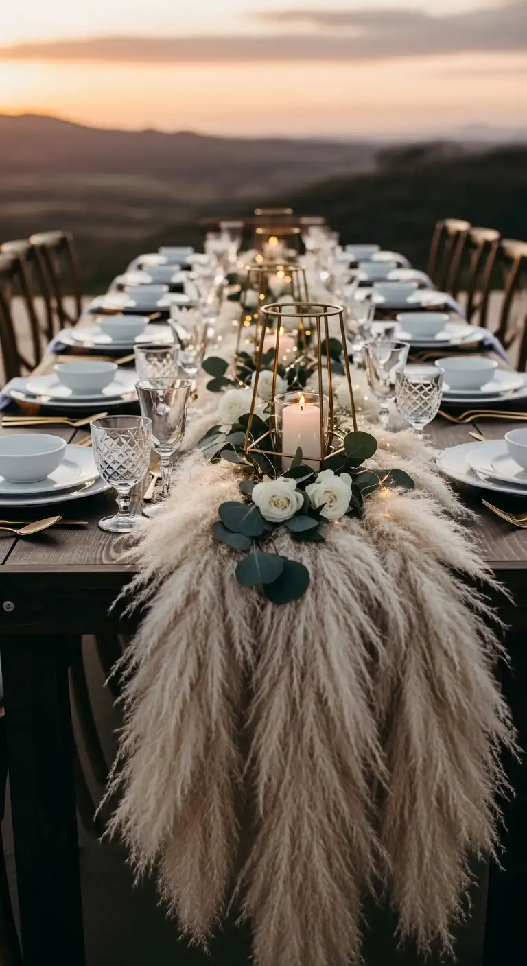 Ombre Rusty Orange Wedding Cake Pampas Grass Wedding Decor Table Runners