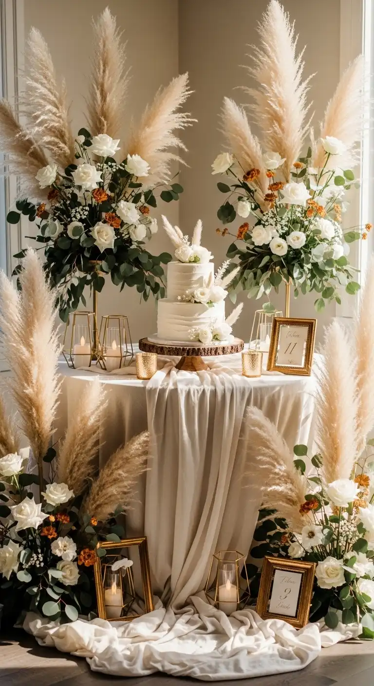 Ombre Rusty Orange Wedding Cake Pampas Grass Wedding Decor Cake Table Styling
