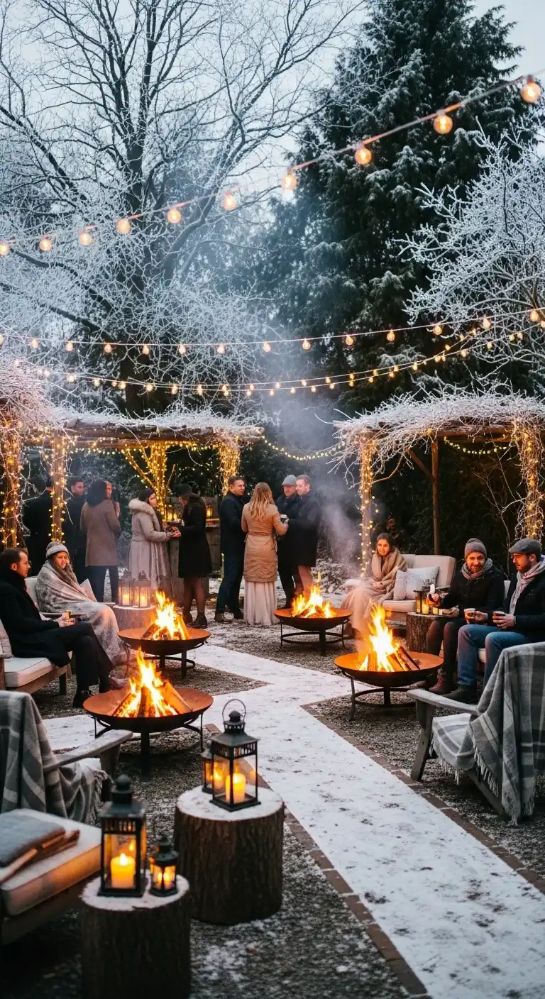 Ombre Rusty Orange Wedding Cake Cozy Fire Pit Gathering Spaces for a Backyard Winter Wedding