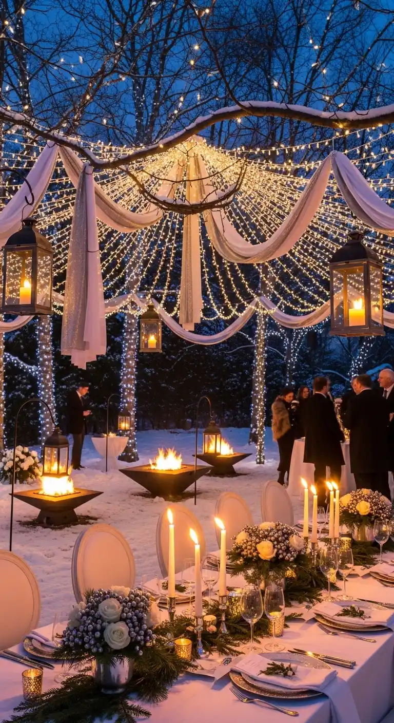 Ombre Rusty Orange Wedding Cake Elegant Winter Lighting for Backyard Winter Wedding Ambiance