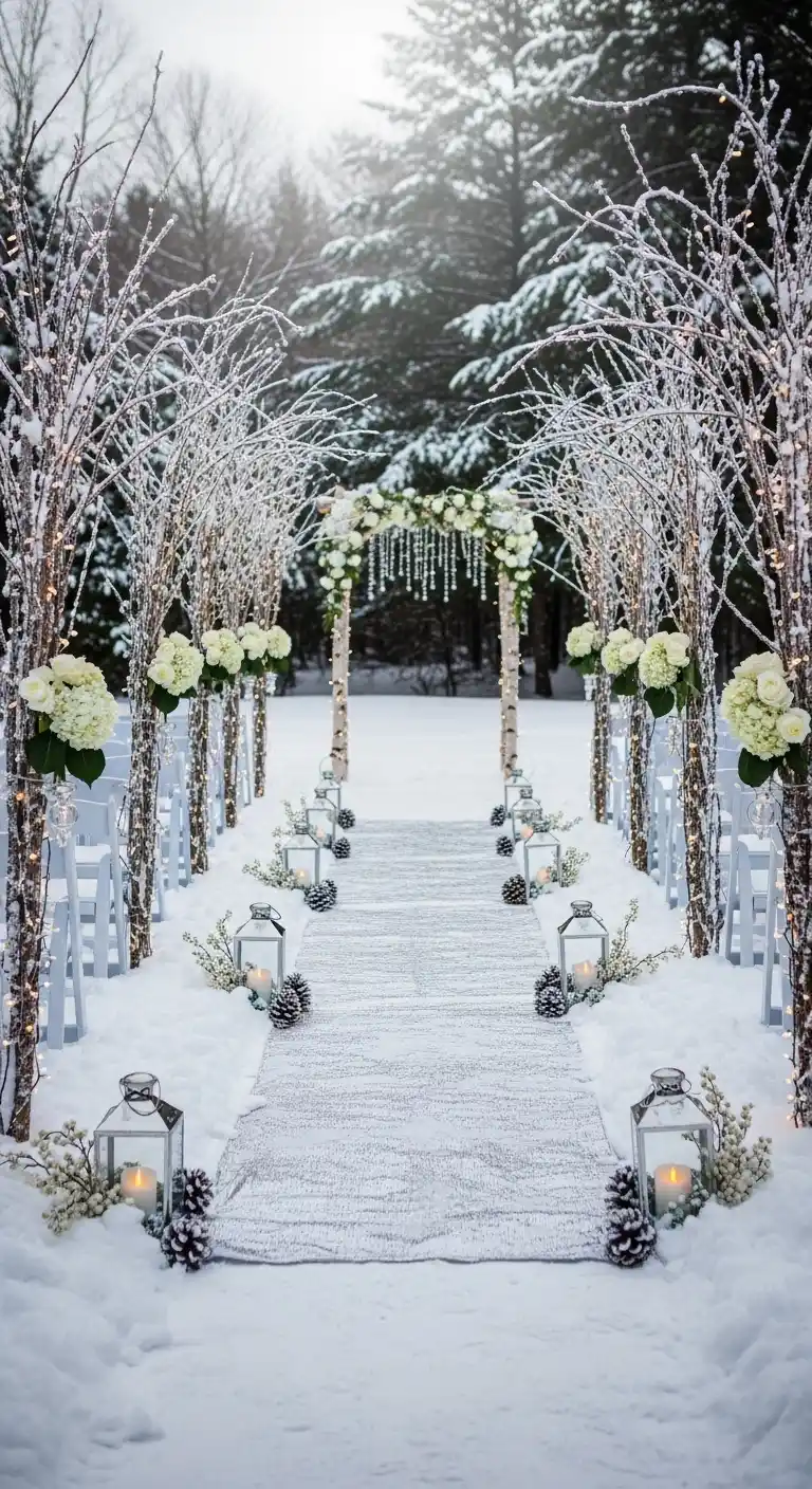 Ombre Rusty Orange Wedding Cake Snow-Inspired Aisle Design for Backyard Winter Wedding Ceremonies