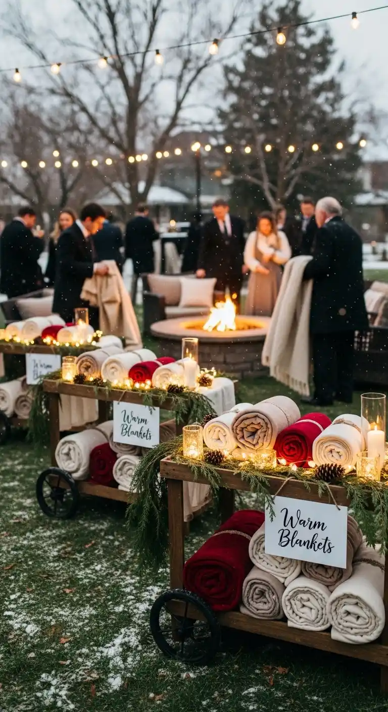 Ombre Rusty Orange Wedding Cake Warm Blanket Stations for Backyard Winter Wedding Guests