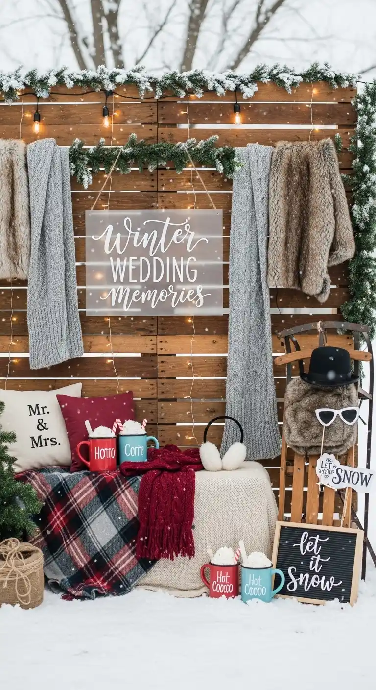 Ombre Rusty Orange Wedding Cake Winter-Themed Photo Booth for Backyard Winter Wedding Memories