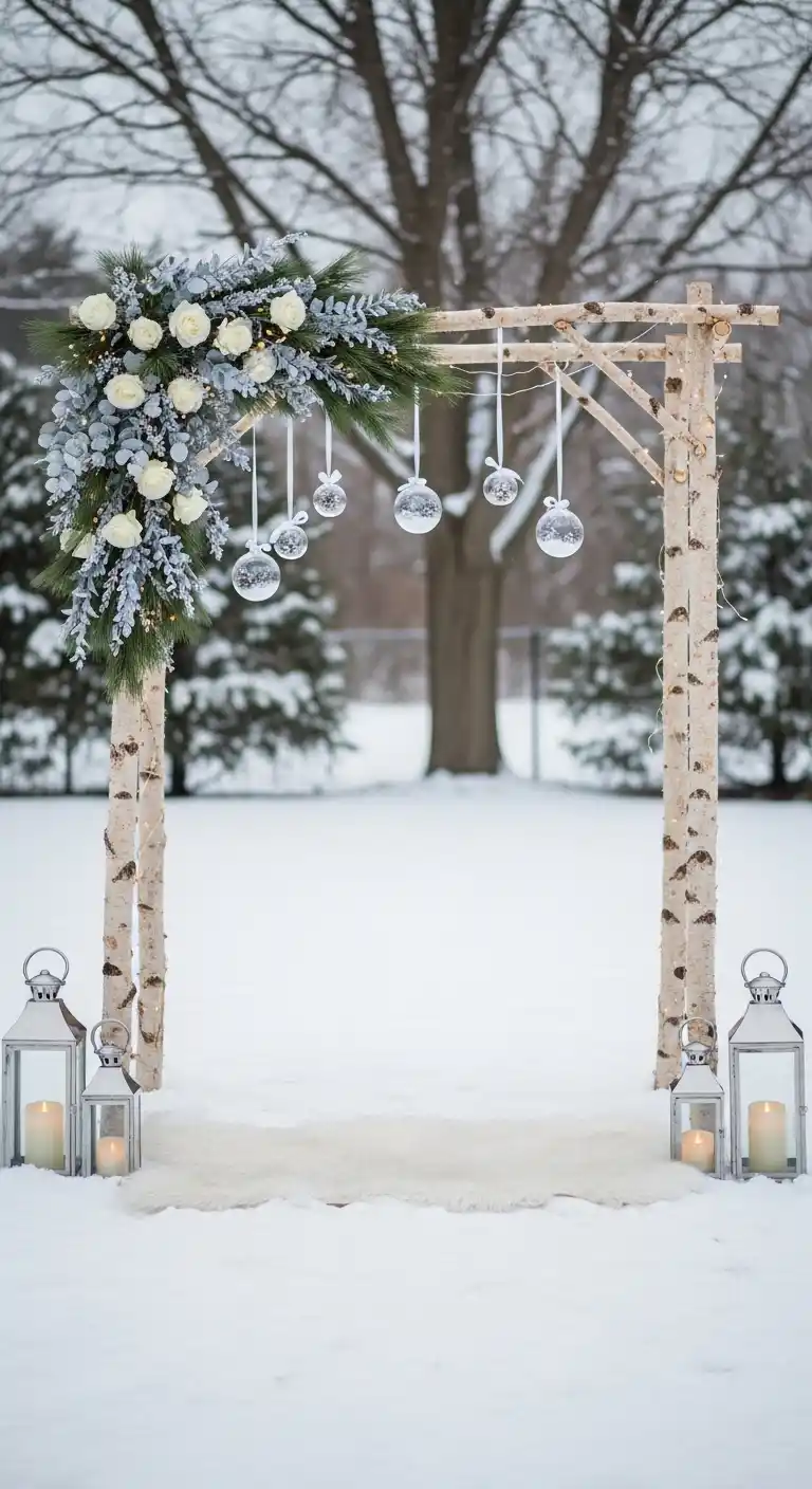 Ombre Rusty Orange Wedding Cake Winter-Inspired Ceremony Arch for Backyard Winter Wedding Focus