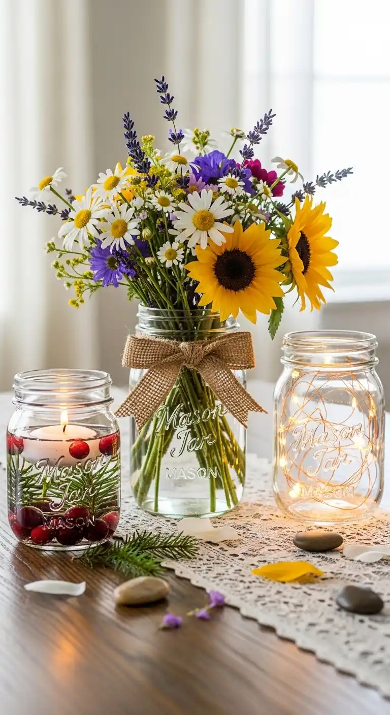 Ombre Rusty Orange Wedding Cake Styling Mason Jar Centerpieces