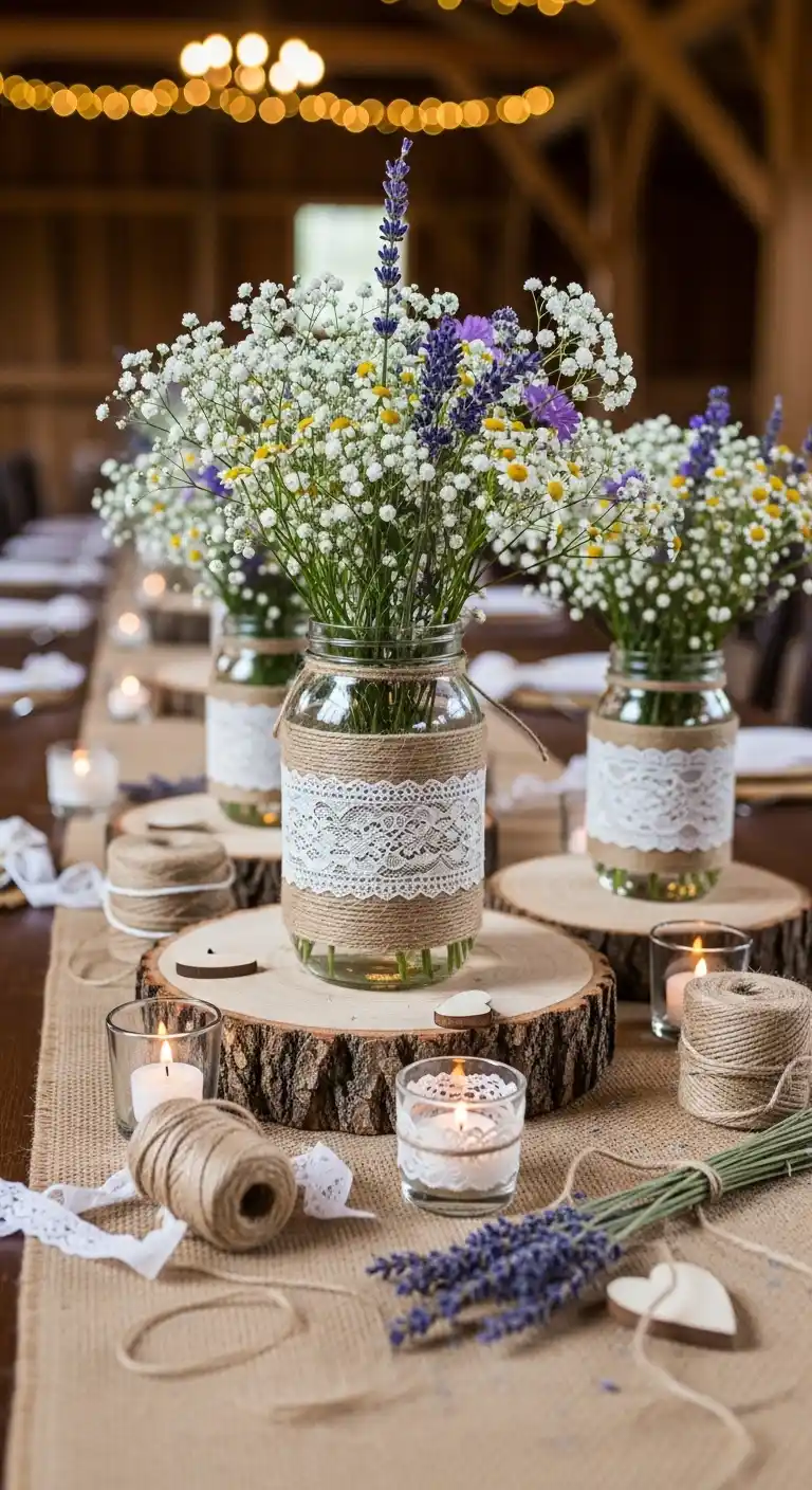 Ombre Rusty Orange Wedding Cake Rustic Twine and Lace Mason Jar Centerpieces for Weddings