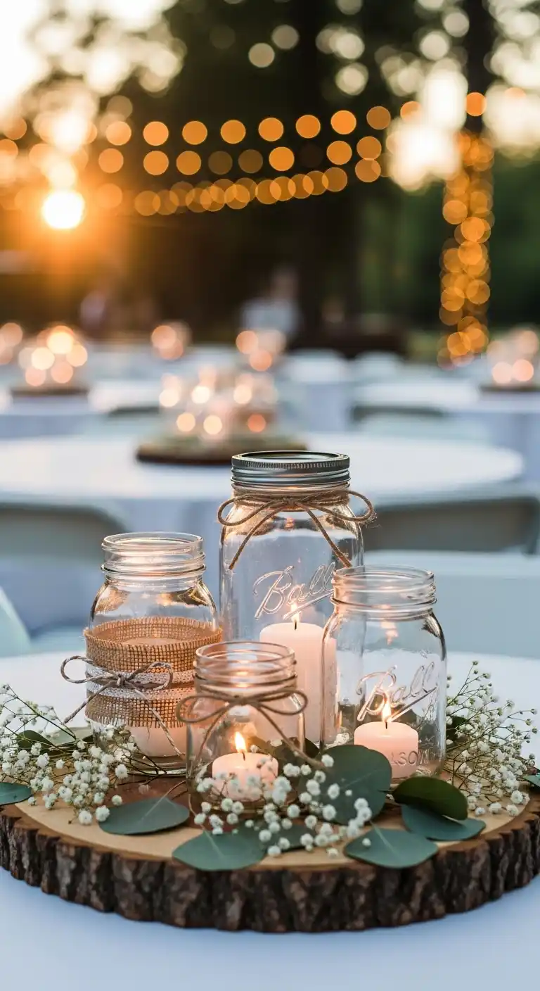 Ombre Rusty Orange Wedding Cake Candle-Filled Mason Jar Centerpieces for Weddings