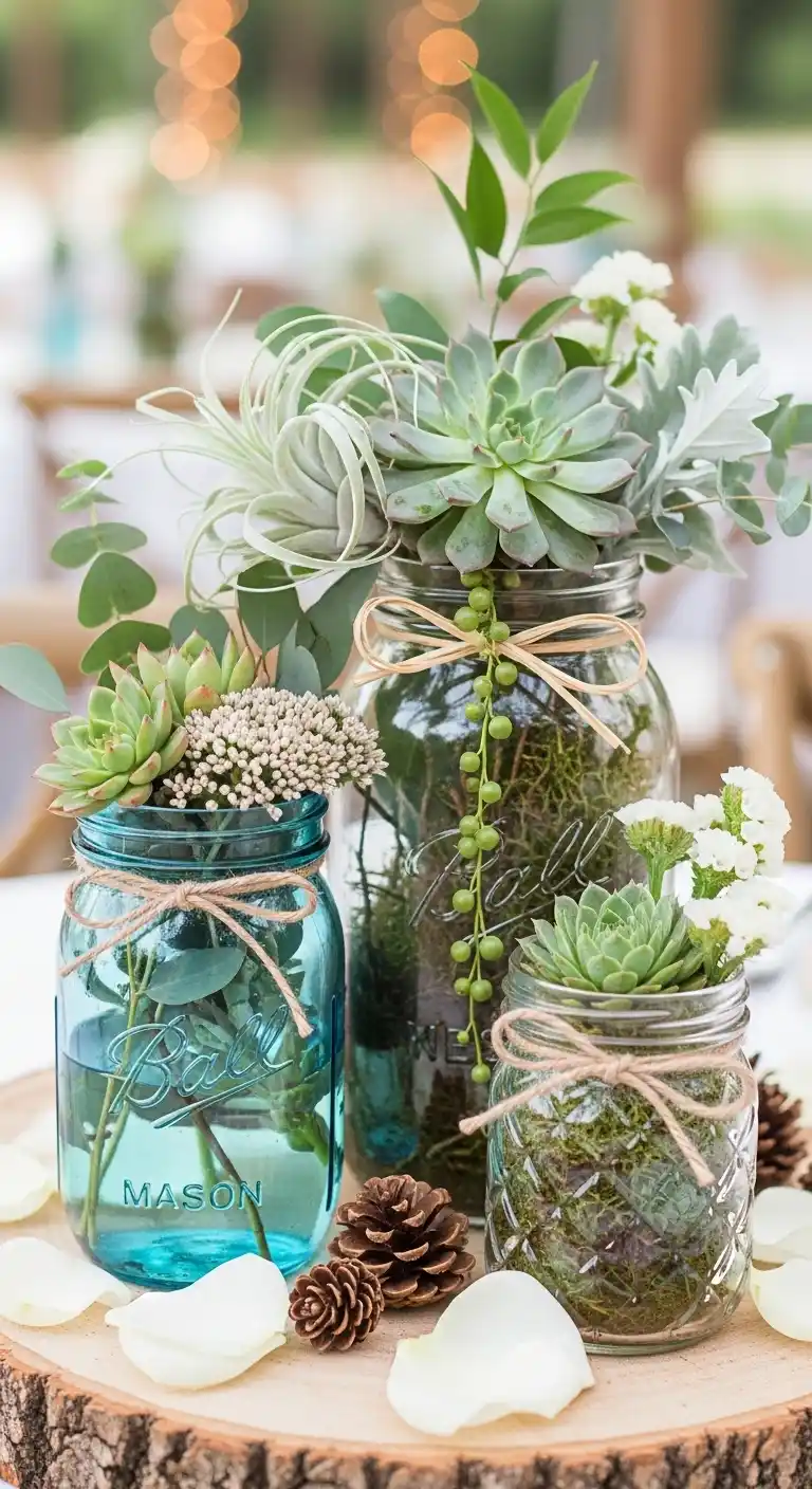 Ombre Rusty Orange Wedding Cake Succulent and Greenery Mason Jar Centerpieces for Weddings