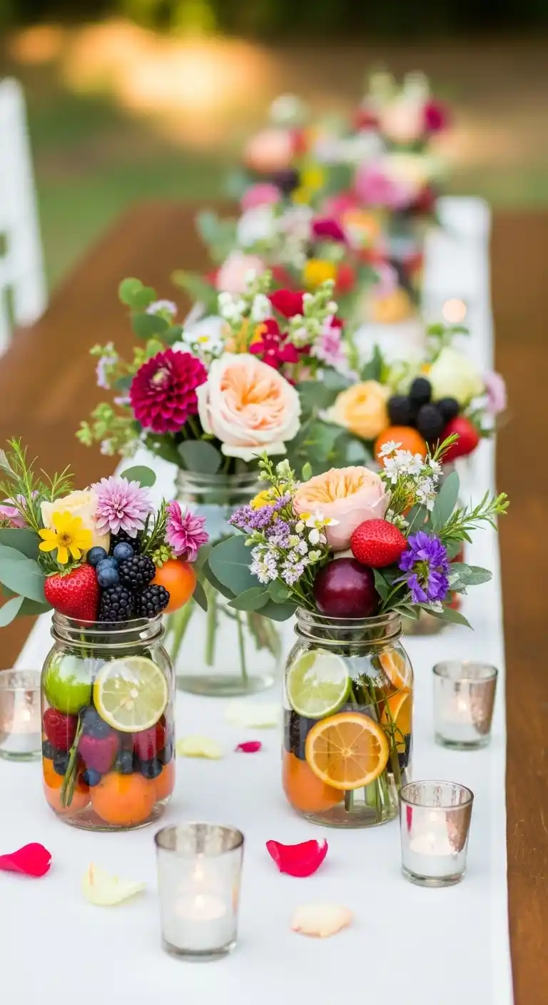 Ombre Rusty Orange Wedding Cake Seasonal Fruit and Floral Mason Jar Centerpieces for Weddings