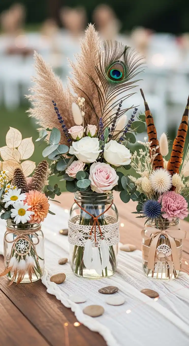 Ombre Rusty Orange Wedding Cake Boho-Chic Feather and Flower Mason Jar Centerpieces for Weddings