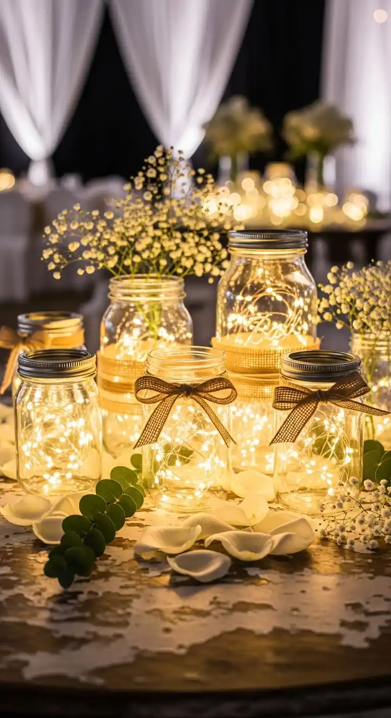 Ombre Rusty Orange Wedding Cake Fairy Light Mason Jar Centerpieces for Weddings