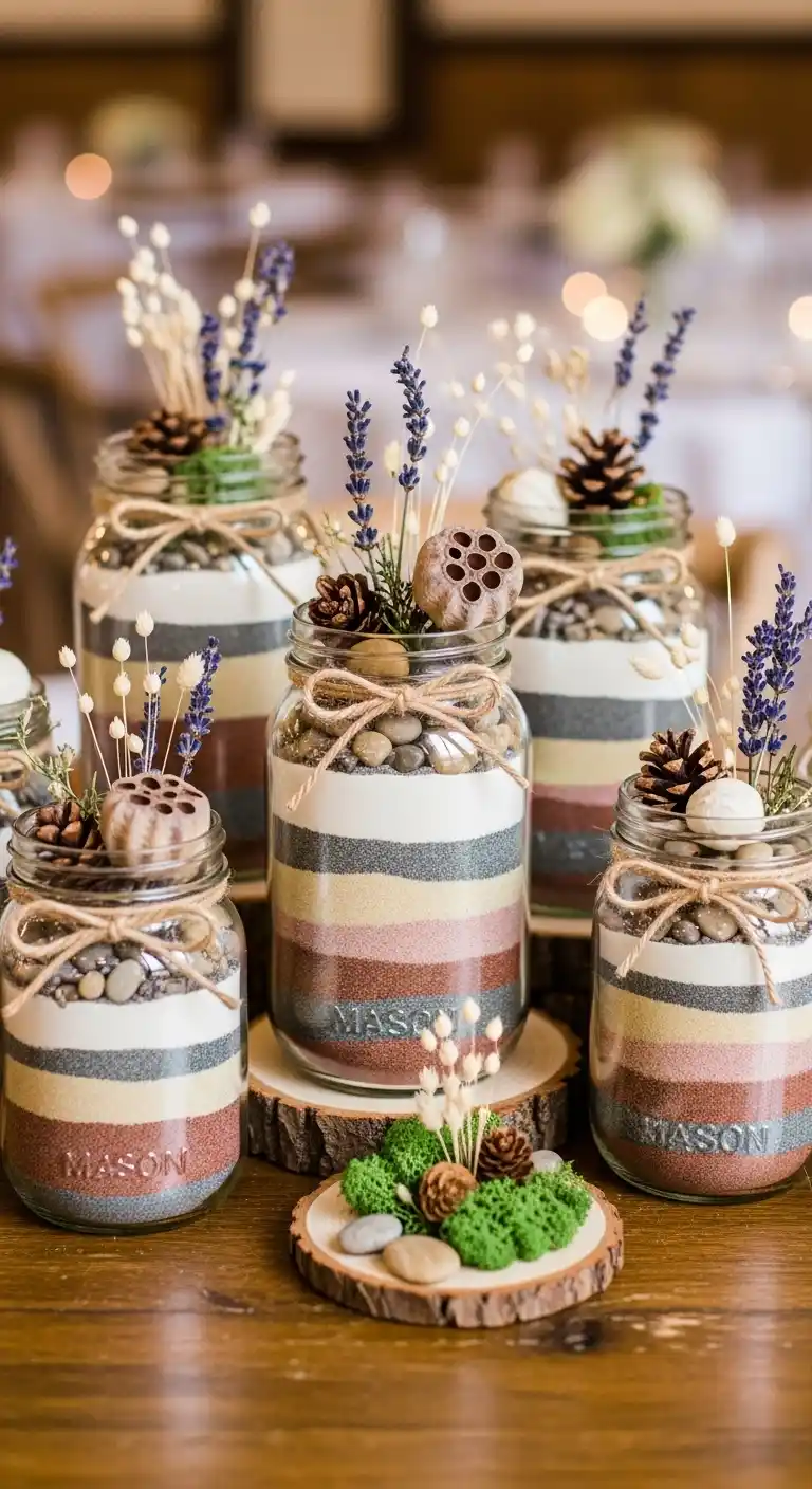 Ombre Rusty Orange Wedding Cake Layered Sand and Natural Element Mason Jar Centerpieces for Weddings
