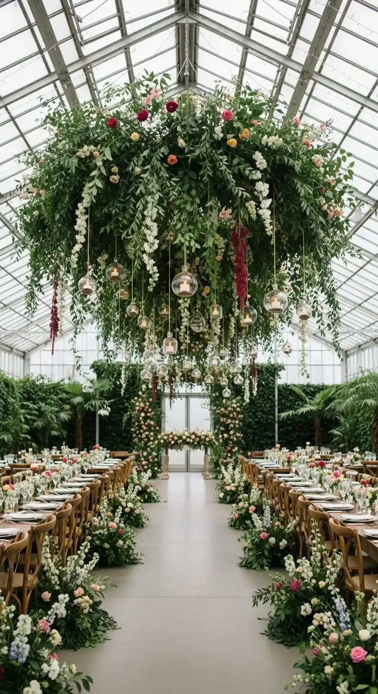 Ombre Rusty Orange Wedding Cake Hanging Botanical Installations for a Lush Overhead Display