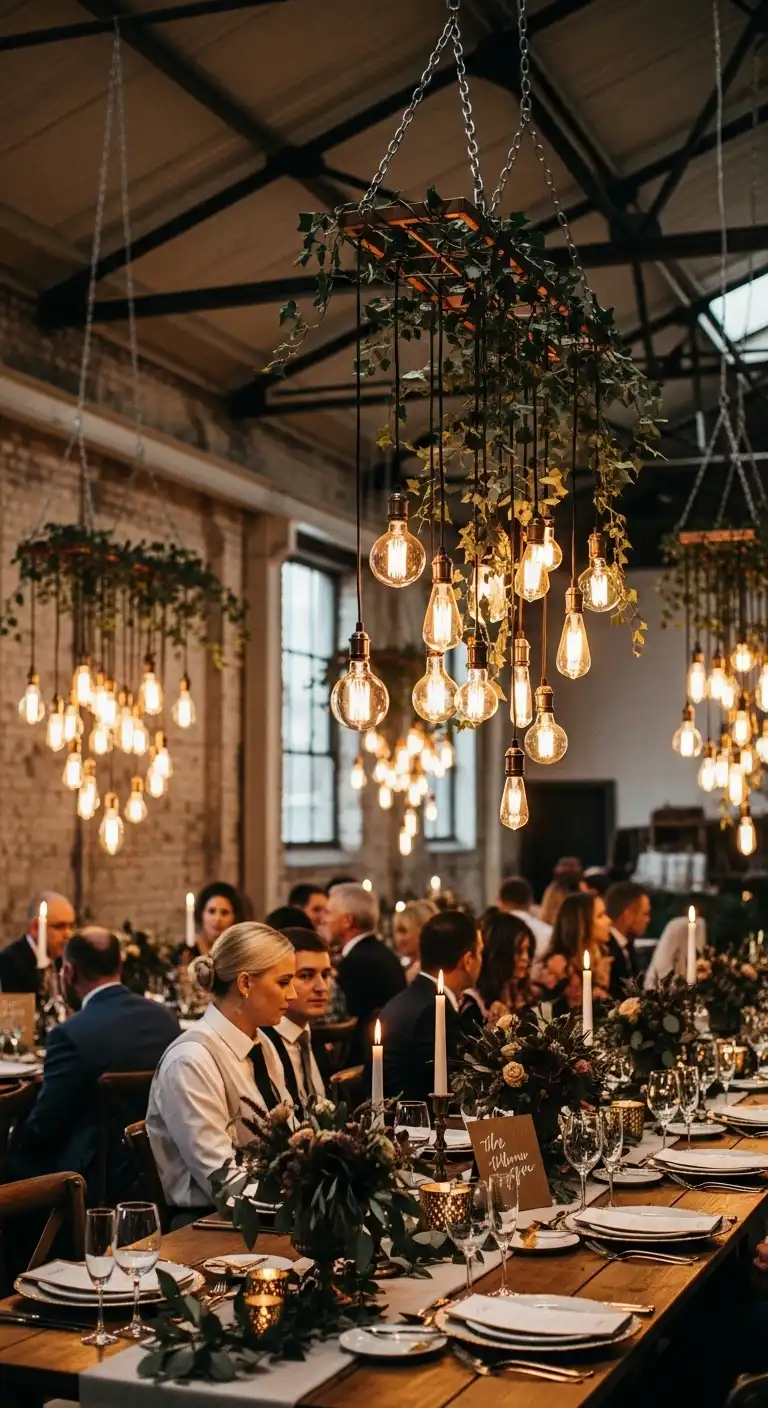 Ombre Rusty Orange Wedding Cake Statement Edison Bulb Lighting Installations for Industrial Wedding Decor Ideas