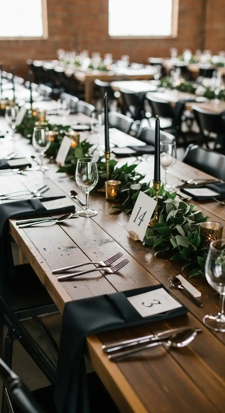 Ombre Rusty Orange Wedding Cake Reclaimed Wood Tables with Matte Black Accents