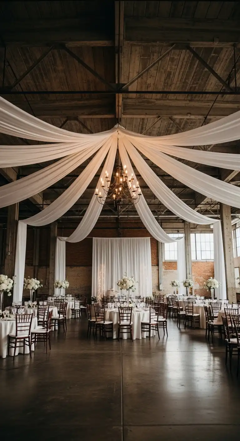 Ombre Rusty Orange Wedding Cake Dramatic Draping to Soften Open Warehouse Spaces