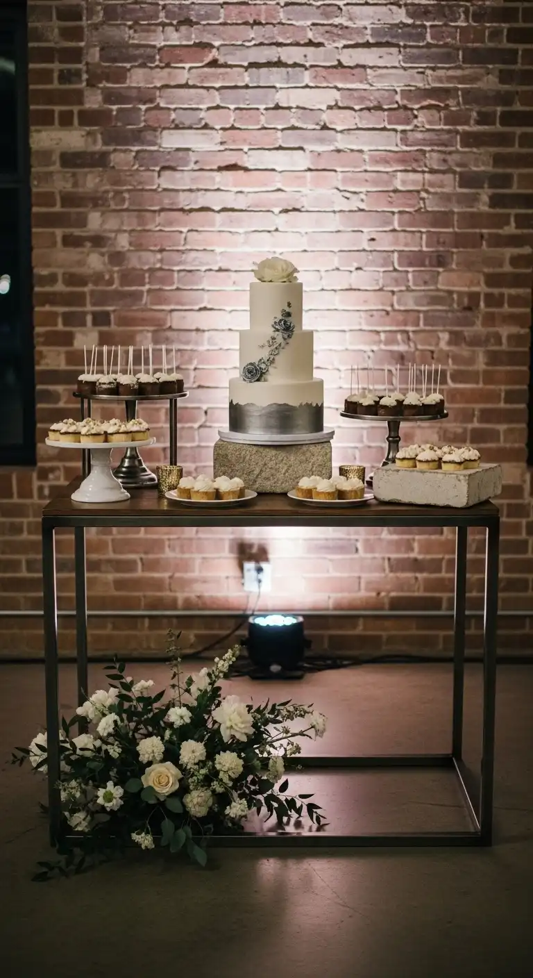 Ombre Rusty Orange Wedding Cake Industrial Cake Displays with Metal and Stone Details